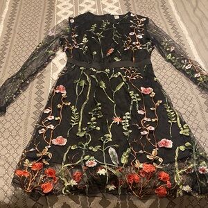 Floral Embroidered Black Mini Dress